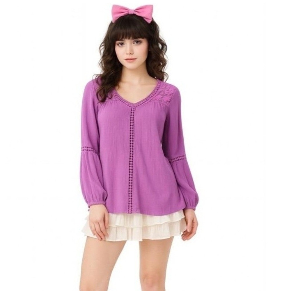 Gnw Shirt Womens Small Purple Lace Detail 3/4 Sleeves V Neck Relaxed Peasant